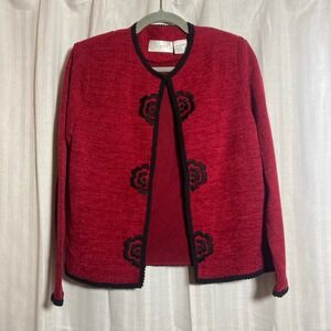 Koret Dress Red Texture Cardigan Sweater Black Floral Embroidery S Vintage Style